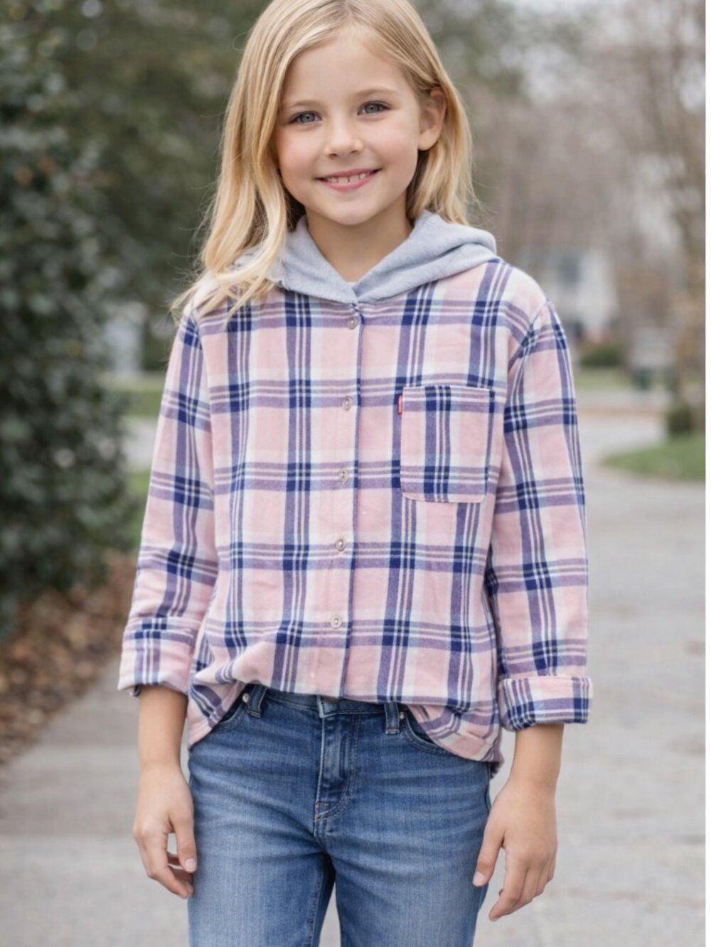 NWT Levi's Girls Size Medium Pink Hooded Long-Sleeve Plaid Cotton Shirt